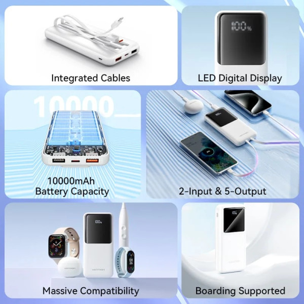 Фото - Батарея мобильная Vention 10000mAh 22.5W 3A PD Micro-USB,USB-C,2xUSB-A Built-in USB-C+Lightning Cables Black (FHOB0)