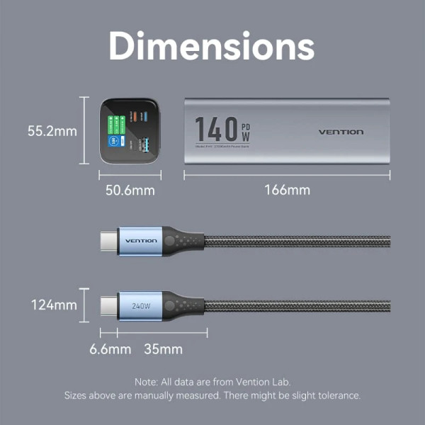 Фото - Уценка - Батарея мобильная Vention 27000mAh 140W 5A PD QC3.0 2xUSB-C, USB-A LED Display Gray (FHVH0)