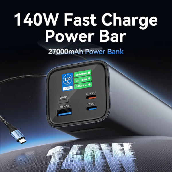 Фото - Уценка - Батарея мобильная Vention 27000mAh 140W 5A PD QC3.0 2xUSB-C, USB-A LED Display Gray (FHVH0)