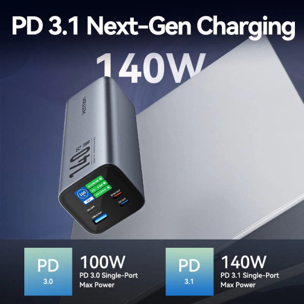 Фото - Уценка - Батарея мобильная Vention 27000mAh 140W 5A PD QC3.0 2xUSB-C, USB-A LED Display Gray (FHVH0)