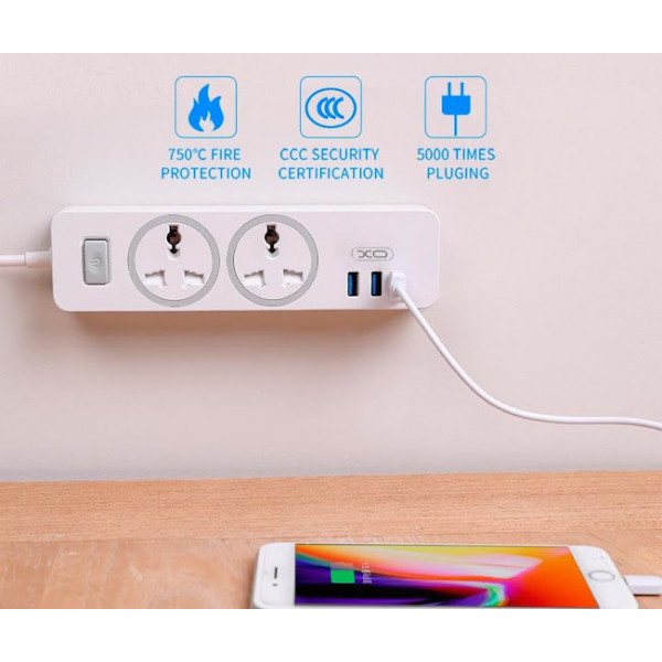 Фото - Сетевой фильтр XO 2 розетки + 3 USB 1.8 м White (WL04)