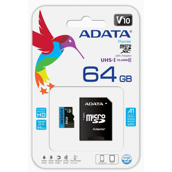 Фото - Карта памяти A-DATA microSDXC 64GB C10 UHS-I A1 + SD (AUSDX64GUICL10A1-RA1)