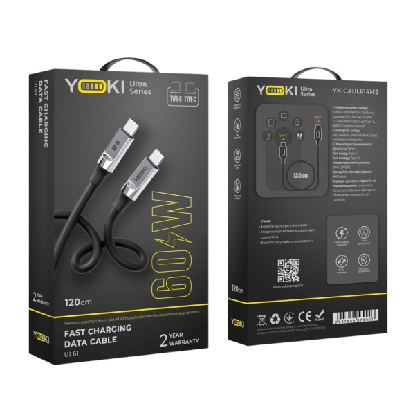 Фото - Кабель синхронизации данных YOKI ULTRA Type-C to Type-C 60W 1.2m Black (YK-UL61)