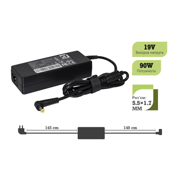Фото - Зарядное устройство для ноутбука 1stCharger Acer 90W 19V 4.74A 5.5x1.7 силовой кабель (AC1STAC90WA)