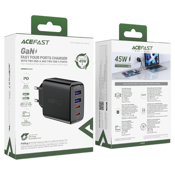 Фото - Сетевое зарядное устройство AceFast 4xUSB 45W (2xUSB-C+2xUSB-A) Gan A61 Fast Charger Black (6974316282754)