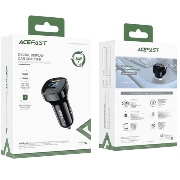 Фото - Автомобильное зарядное устройство AceFast 2xUSB 66W (USB-C + USB-A) B4 with digital display (6974316280392)