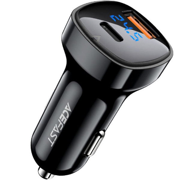 Фото - Автомобильное зарядное устройство AceFast 2xUSB 66W (USB-C + USB-A) B4 with digital display (6974316280392)