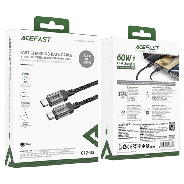 Фото - Кабель синхронизации данных AceFast USB 2.0 USB-C to USB-C, 1.2 м, 60W, 3.0A, stainless steel Black, C12-03 (6974316283317)