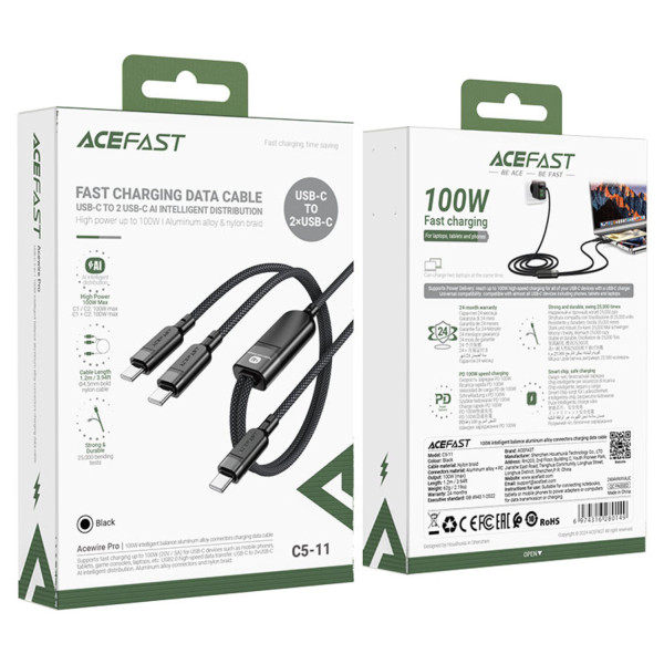 Фото - Кабель синхронизации данных AceFast USB 2.0 USB-C 2in1, 0.8 м + sub 0.4 м, 100W, C5-11 (6974316280149)