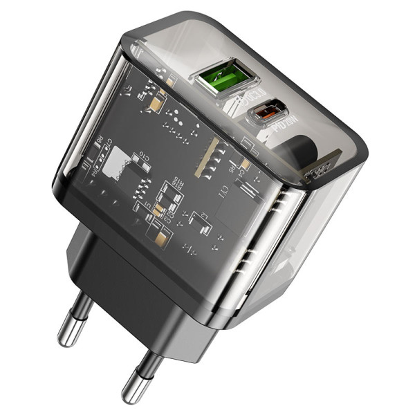 Фото - Сетевое зарядное устройство HOCO N34 Dazzling dual-port PD20W+QC3.0 charger Transparent Black (6931474799166)