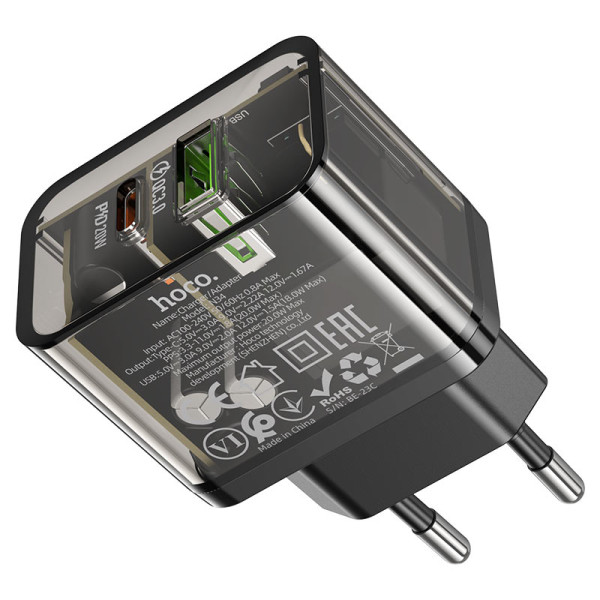 Фото - Сетевое зарядное устройство HOCO N34 Dazzling dual-port PD20W+QC3.0 charger Transparent Black (6931474799166)