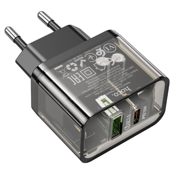 Фото - Сетевое зарядное устройство HOCO N34 Dazzling dual-port PD20W+QC3.0 charger Transparent Black (6931474799166)