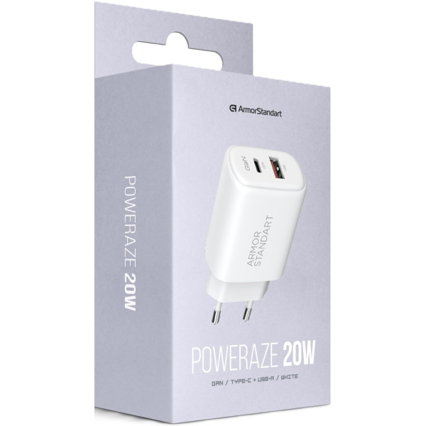 Фото - Сетевое зарядное устройство Armorstandart Poweraze 20W GaN Type-C + USB-A White (ARM87066)