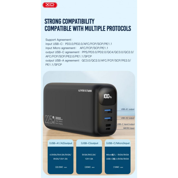 Фото - Батарея мобильная XO 30000 mAh 22.5W (PR200-BK)