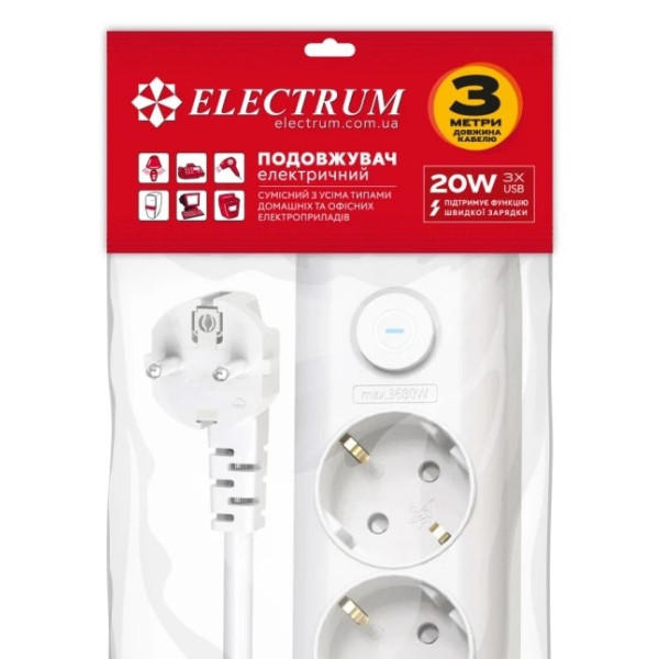 Фото - Сетевой фильтр Electrum 5 розеток 3 м с выключателем и 2 Type-C + USB (C-ES-1991)