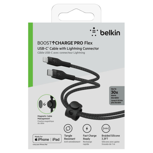 Фото - Кабель синхронизации данных Belkin USB-С - Lightning Braided Silicone 1m Black (CAA011BT1MBK)