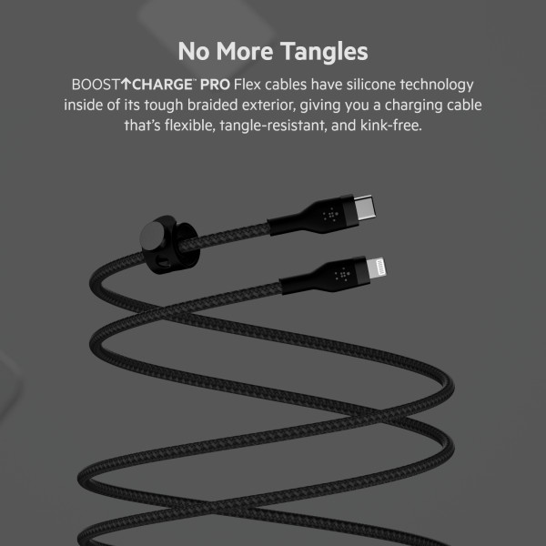Фото - Кабель синхронизации данных Belkin USB-С - Lightning Braided Silicone 1m Black (CAA011BT1MBK)