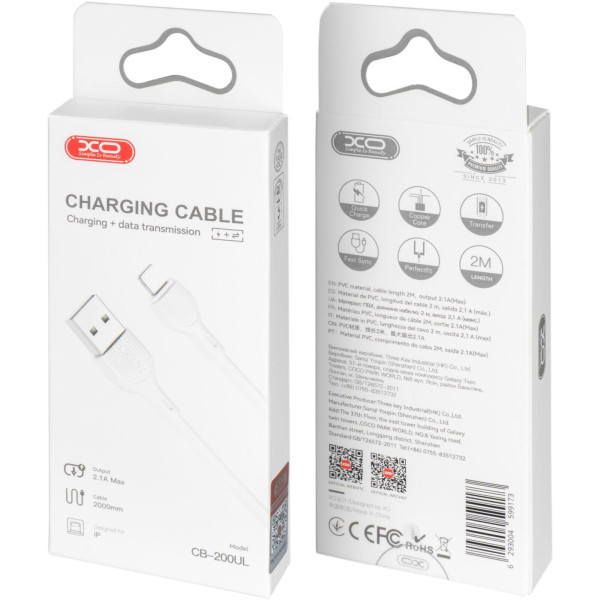 Фото - Кабель синхронизации данных XO 2.1A USB Lightning 2m White (CB-200UL)