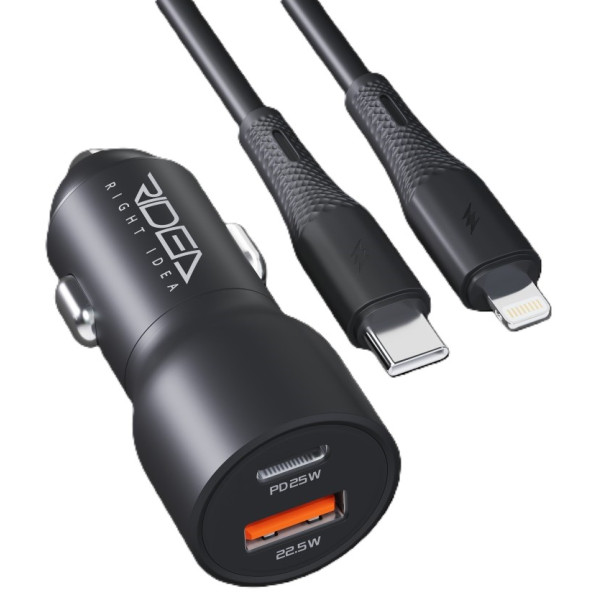Фото - Автомобильное зарядное устройство Ridea QPow 1USB/1USB-C PD/QC 30W+Type-C to Lightning Black (RCC-30115)