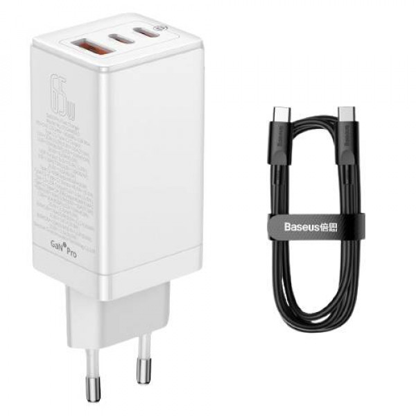 Фото - Сетевое зарядное устройство Baseus GaN3 Pro Fast Charger 2C+U 65W EU White (CCGP050102)
