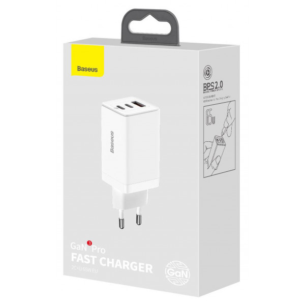 Фото - Сетевое зарядное устройство Baseus GaN3 Pro Fast Charger 2C+U 65W EU White (CCGP050102)