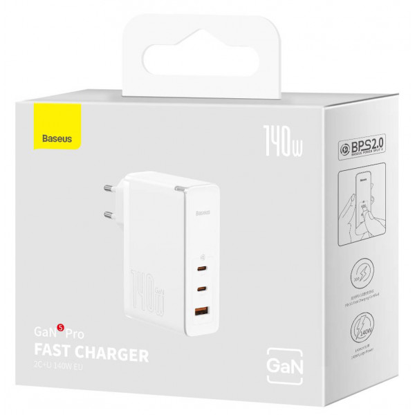 Фото - Сетевое зарядное устройство Baseus GaN5 Pro 140W 2 x Type-C + USB + Кабель Type-C - Type-C White (CCGP100202)