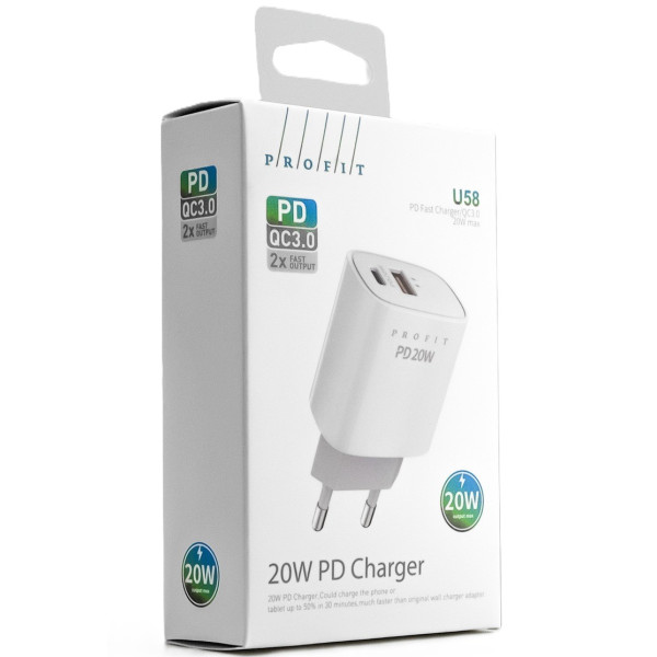 Фото - Сетевое зарядное устройство Profit U58 PD QC3.0, 20W USB A+C White (000001843)