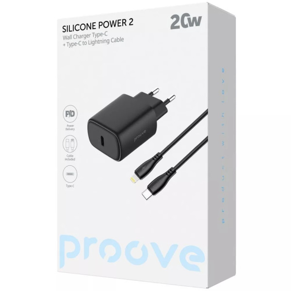 Фото - Сетевое зарядное устройство Proove Silicone Power 2 20W (Type-C) + Cable Type-C to Lightning (1m) black (WCSP22010001)