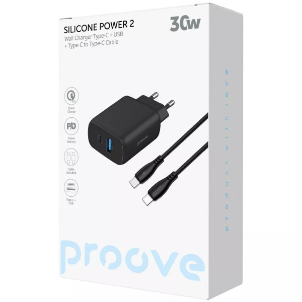 Фото - Сетевое зарядное устройство Proove Silicone Power 2 30W (Type-C + USB) + Cable Type-C to Type-C (1m) black (WCSP23011001)