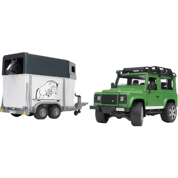 Фото - Наземная спецтехника BRUDER Машинка джип Land Rover Defender с прицепом для перевозки лошадей + лошадка, М1:16 (02592)
