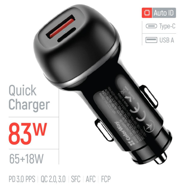 Фото - Автомобильное зарядное устройство Colorway 2USB (Type-C PD65W + USB QC3.0 18W) (83W) Black (CW-CHA068PD-BK)
