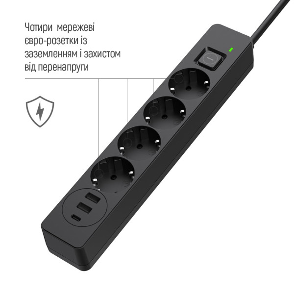 Фото - Сетевой фильтр Colorway 4 роз. 2xUSB-A + 1 Type-C Black 2m (CW-CHE432PDB)