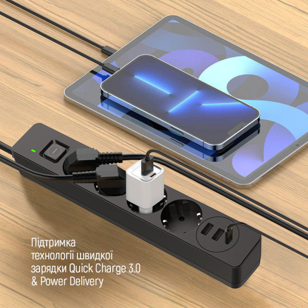 Фото - Сетевой фильтр Colorway 4 роз. 2xUSB-A + 1 Type-C Black 2m (CW-CHE432PDB)