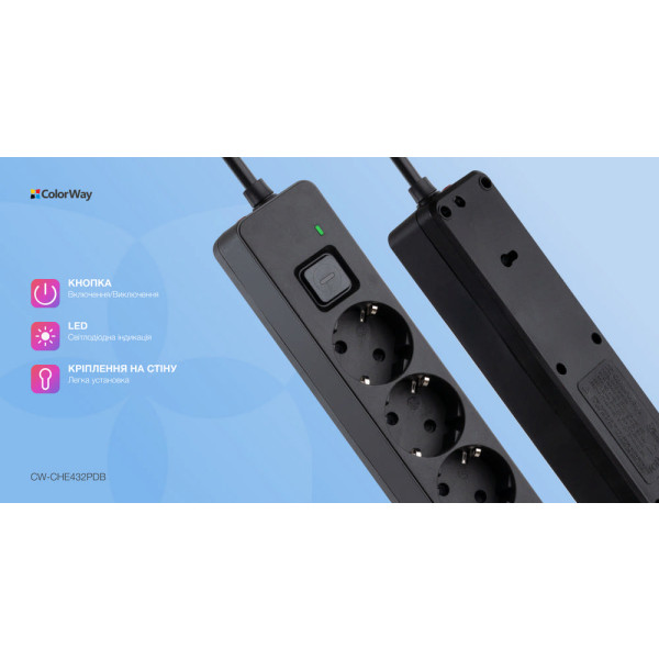 Фото - Сетевой фильтр Colorway 4 роз. 2xUSB-A + 1 Type-C Black 2m (CW-CHE432PDB)