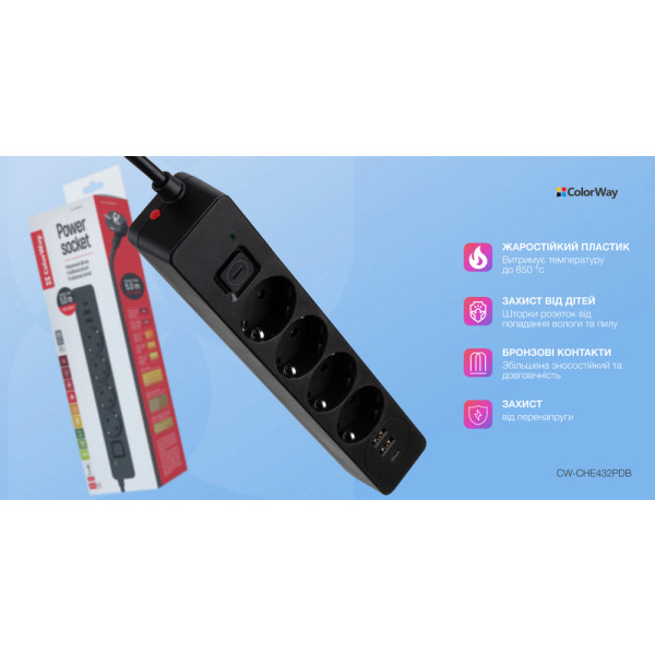 Фото - Сетевой фильтр Colorway 4 роз. 2xUSB-A + 1 Type-C Black 2m (CW-CHE432PDB)