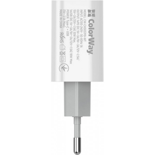 Фото - Сетевое зарядное устройство Colorway Power Delivery Port PPS Type-C PD + USB QC3.0 White (CW-CHS037PD-WT)