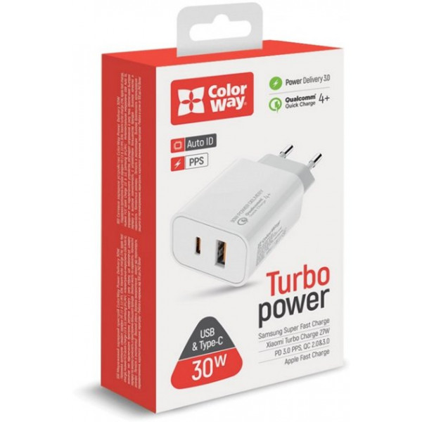 Фото - Сетевое зарядное устройство Colorway Power Delivery Port PPS Type-C PD + USB QC3.0 White (CW-CHS037PD-WT)