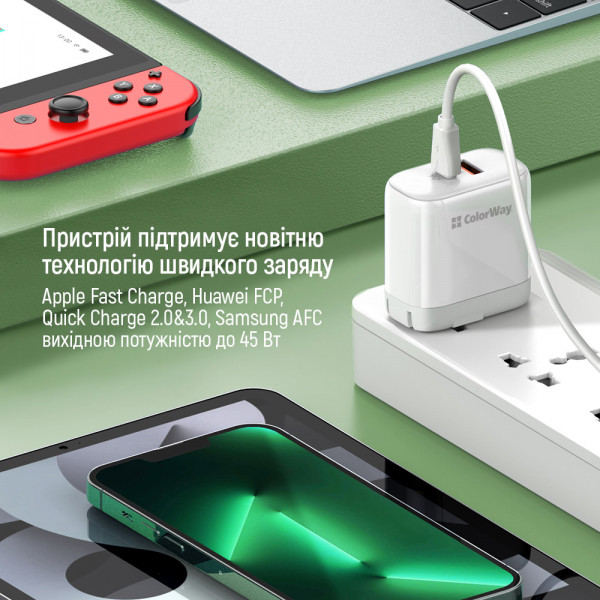 Фото - Сетевое зарядное устройство Colorway Power Delivery Port PPS USB (Type-C PD + USB QC3.0) (45W) White (CW-CHS042PD-WT)