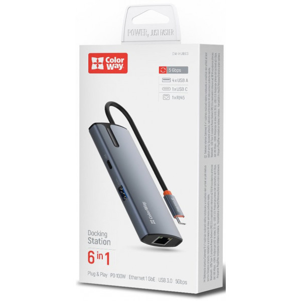 Фото - Хаб USB Colorway USB-C 6-в-1 Type C PD 100W/USB3.0х3/USB2.0/RJ45 (CW-HUB03)