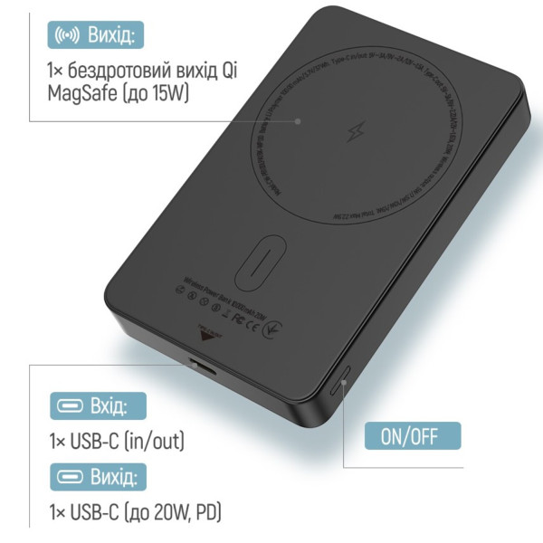 Фото - Батарея мобильная Colorway Power Bank 10 000 mAh 15W MagSafe USB-C PD 20W Black (CW-PB100LPA1BK-WPDD)