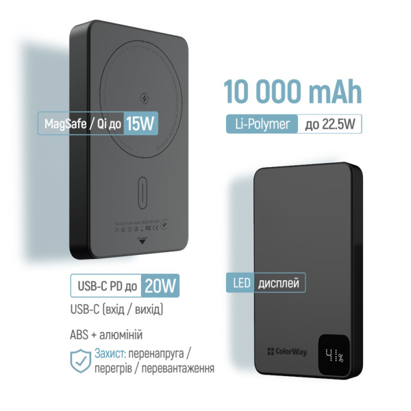 Фото - Батарея мобильная Colorway Power Bank 10 000 mAh 15W MagSafe USB-C PD 20W Black (CW-PB100LPA1BK-WPDD)
