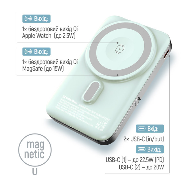 Фото - Батарея мобильная Colorway Power Bank 10 000 mAh 15W MagSafe & Watch Wireless Aquamarine USB-C PD 22.5W (CW-PB100LPA2MT-WPDD)