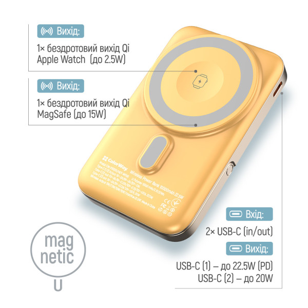 Фото - Батарея мобильная Colorway Power Bank 10 000 mAh 15W MagSafe & Watch Wireless Amber USB-C PD 22.5W (CW-PB100LPA2Y-WPDD)