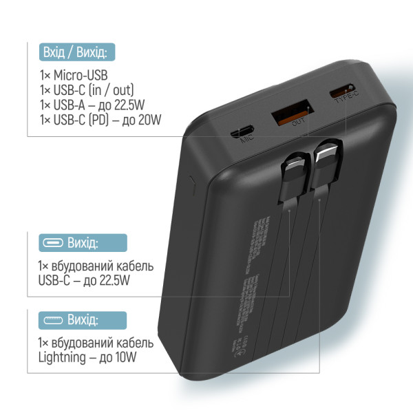Фото - Батарея мобильная Colorway Power Bank 20000 mAh Optimal Power USB QC3.0 + USB-C PD22.5W Black (CW-PB200LPB5BK-PDD)