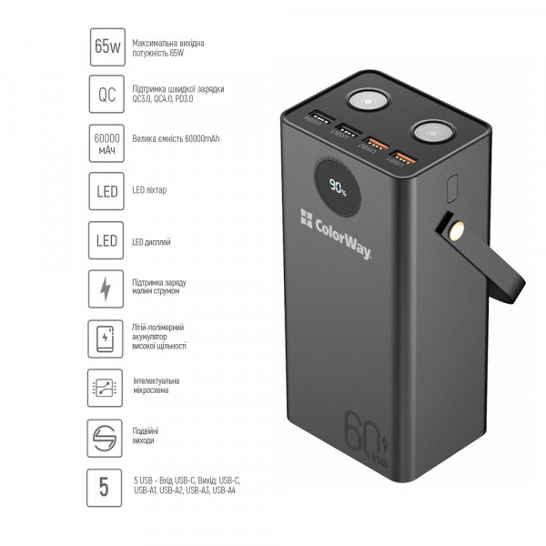 Фото - Батарея мобильная Colorway Powerful Power Delivery 60 000 mAh 65W Black (CW-PB600LPA5BK-PDD)