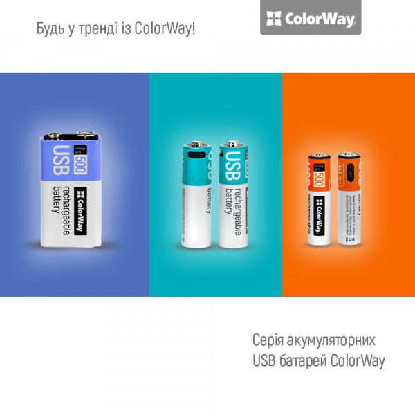Фото - Элемент питания тип 9V/6LR61 Colorway USB-С 390 мАг 9В (CW-UB9V-06)