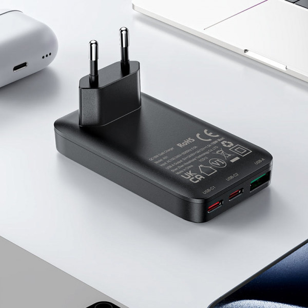 Фото - Сетевое зарядное устройство AceFast 3xUSB 65W (2xUSB-C+USB-A) Gan A100 Fast Charger Ultra thin black (6974316283492)