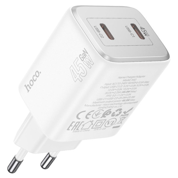 Фото - Сетевое зарядное устройство HOCO N42 PD45W(2C) charger set (C to iP) White (6942007617116)