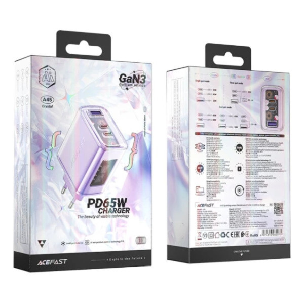 Фото - Сетевое зарядное устройство AceFast 3xUSB 65W (2xUSB-C+USB-A) Gan A45 Fast Charger Purple alfalfa (6974316282075)