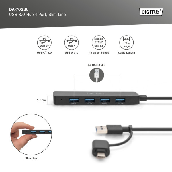 Фото - Хаб USB Digitus USB-A/C - 4хUSB-А, 1,2 м (DA-70236)